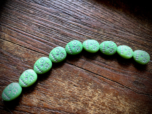 Czech Glass Bead Strand—Skull Beads—Green/Silver
