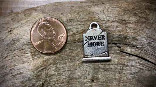 Halloween Charm - Poe's Raven Gravestone - Silver Tone
