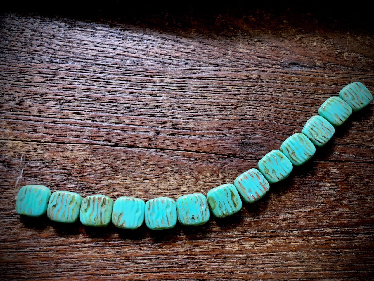 Czech Glass Strand—Turquoise Travertine Engraved Table Cut Square Beads
