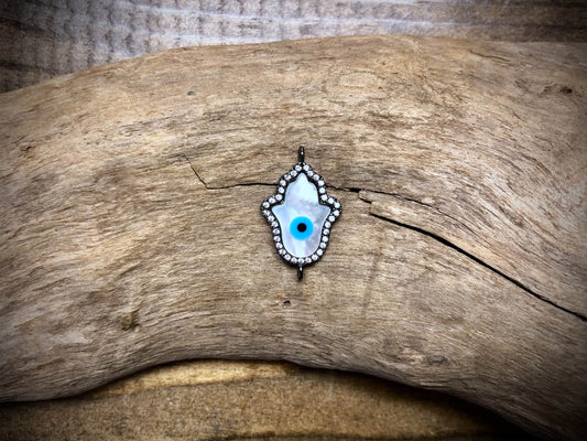 Mother of Pearl & Rhinestone Evil Eye Hamsa Hand Connector