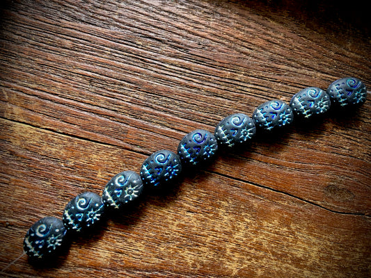 Czech Glass Bead Strand—Skull Beads—Jet AB