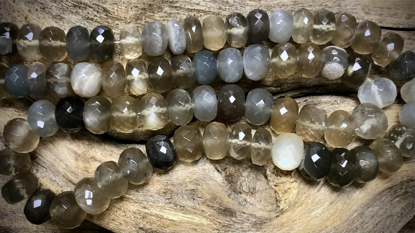 Grey Moonstone Brilliant Cut Faceted Rondelles Strand - 8mm x 4mm to 8mm x 7mm - 18"