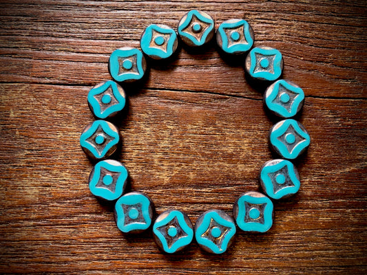 Czech Glass Strand—Turquoise/Bronze Diamond Table Cut Disc Beads