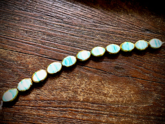 Czech Glass Strand—Turquoise/White Travertine Table Cut Oval Beads