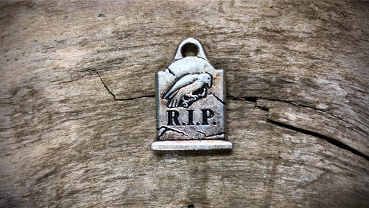 Halloween Charm - Poe's Raven Gravestone - Silver Tone