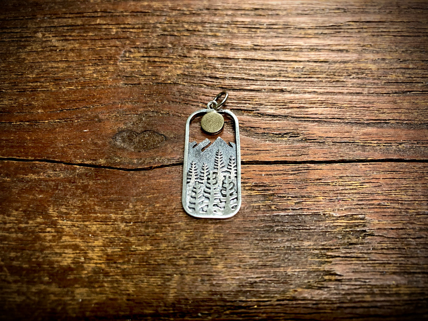 Sterling Rectangle Tree Pendant Charm with Bronze Sun