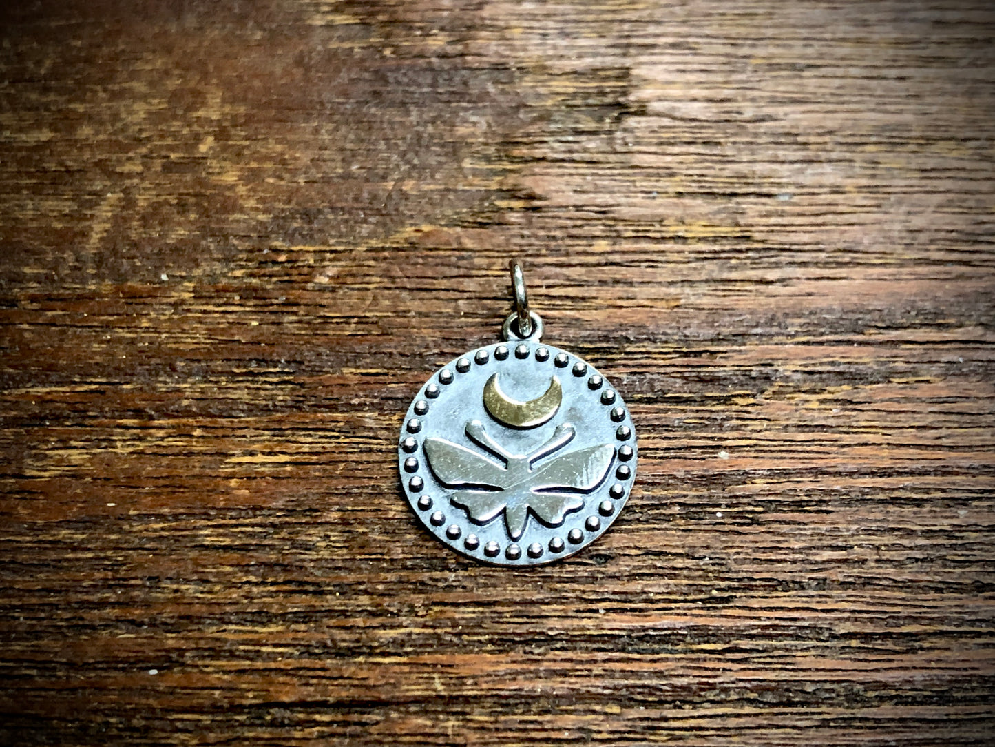 Sterling Silver Moth Charm with Bronze Moon and Dots