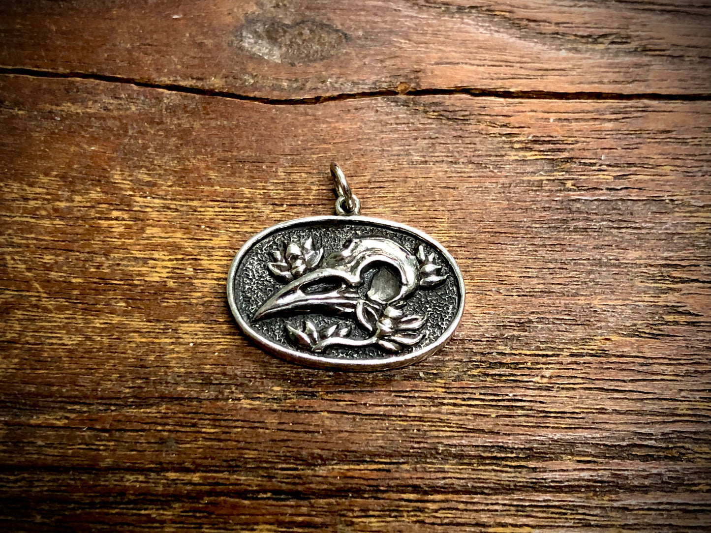 Sterling Silver Flower and Raven Skull Pendant Charm