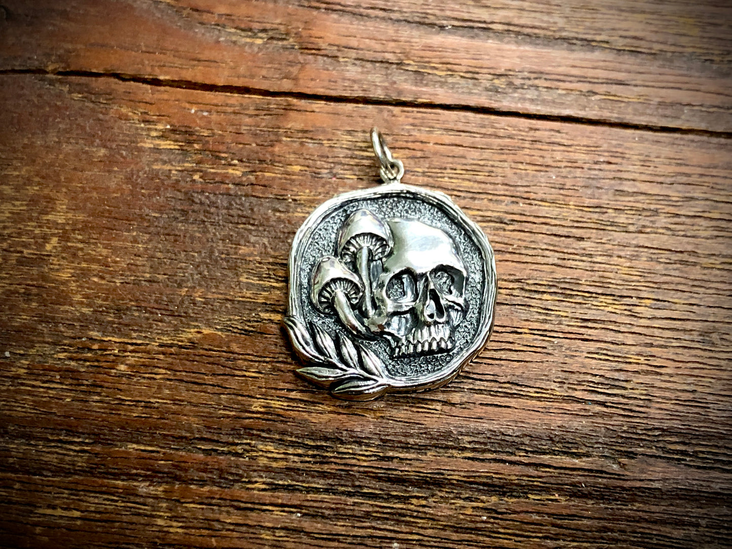 Sterling Silver Skull Pendant Charm with Mushrooms