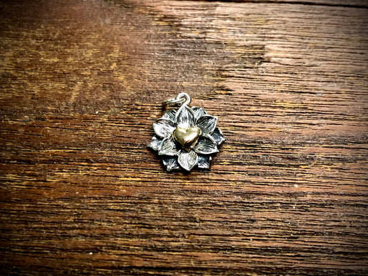 Sterling Silver Lotus Pendant with Bronze Heart Charm
