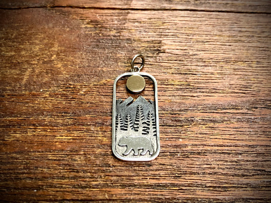 Sterling Silver Rectangle Bear Charm with Bronze Sun