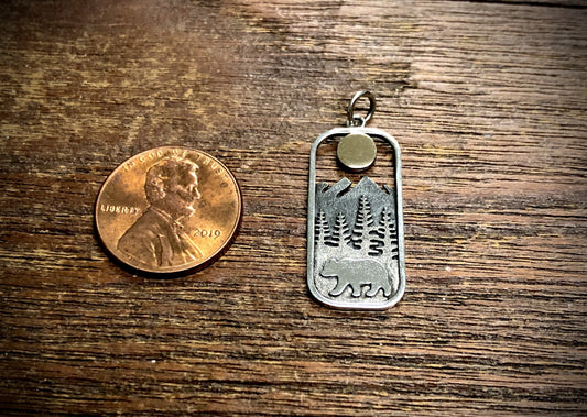 Sterling Silver Rectangle Bear Charm with Bronze Sun