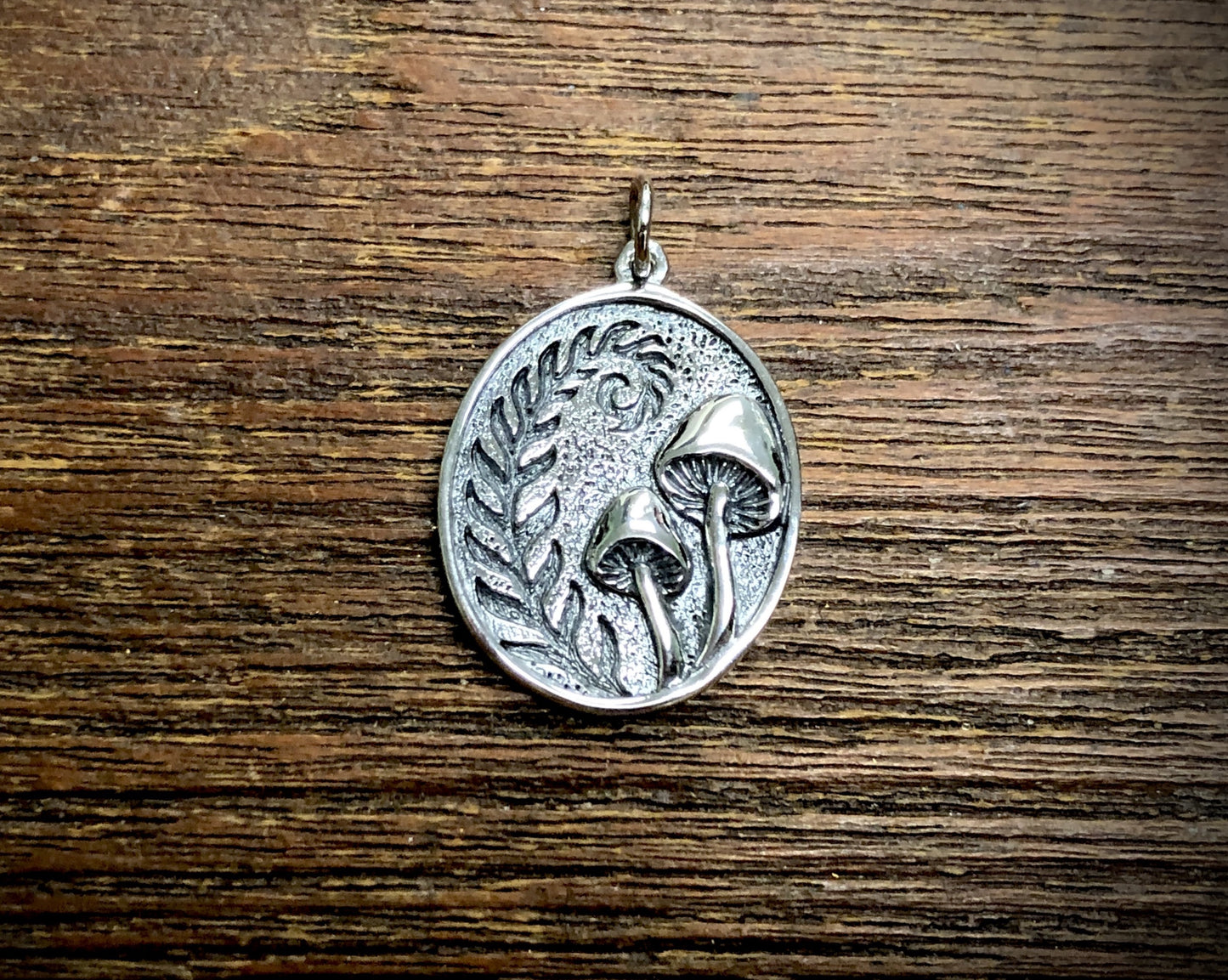 Sterling Silver Etched Fern and Mushroom Pendant Charm