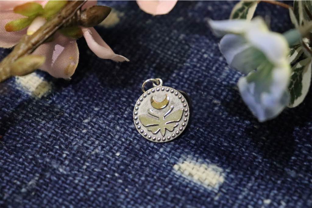 Sterling Silver Moth Charm with Bronze Moon and Dots