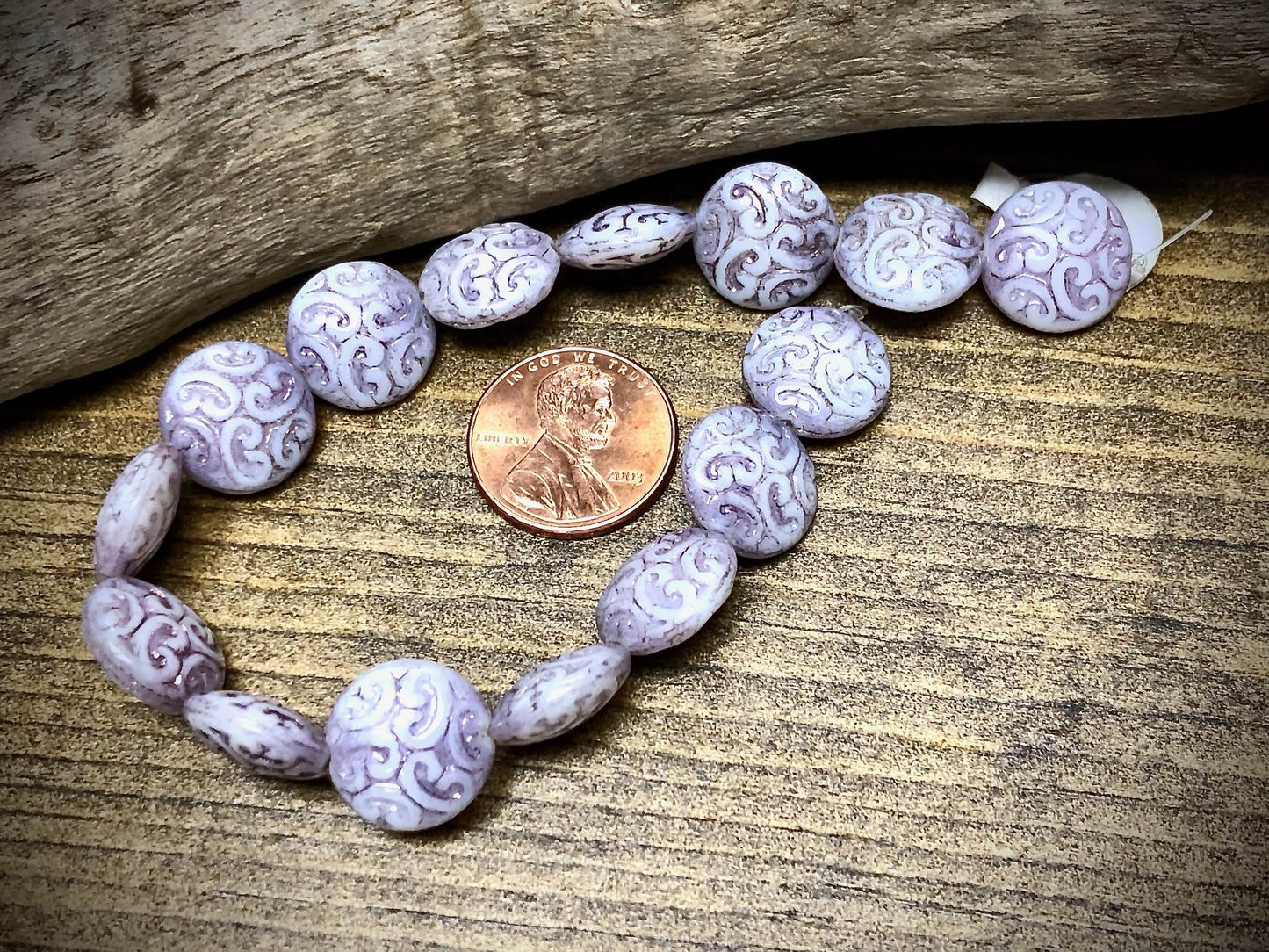 White Purple Rose Luster Button Bead Czech Glass Strand