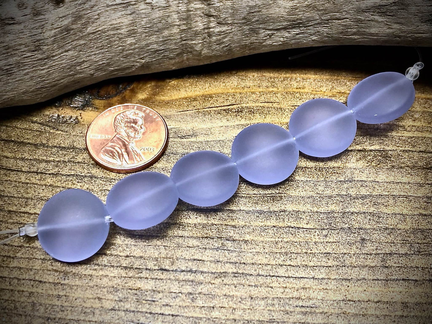 Periwinkle Puffed Coin 15mm Designer Sea Glass Bead Strand