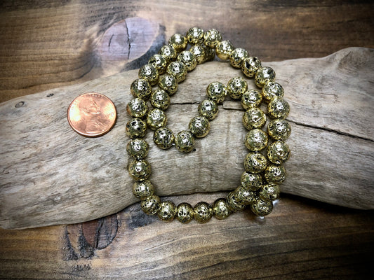 Electro-Coated Lava Bead Strand - Gold - 8mm - 16”