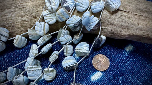 Owyhee Blue Opal Bead Strand - Hand Carved Shells - 15mm x 14mm - 7.5"