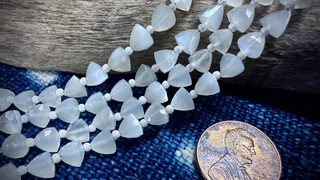 Light Grey Moonstone Bead Strand - Faceted Pyramids - 6mm x 5mm - 7"