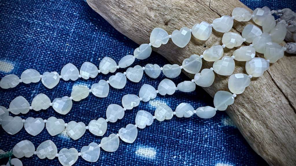 Light Grey Moonstone Bead Strand - Faceted Hearts - 12mm - 7"