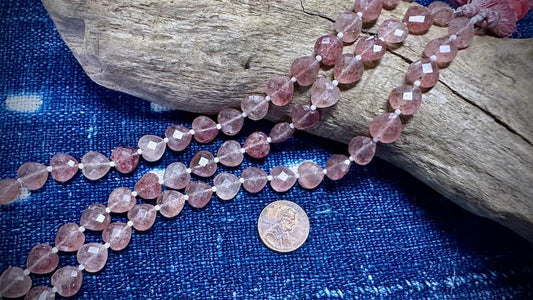 Natural Strawberry Quartz Bead Strand - Faceted Hearts - 10mm - 7.5"