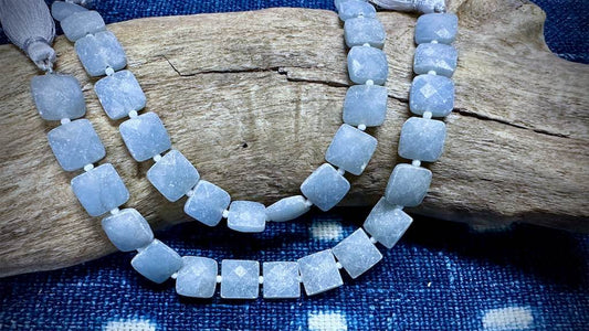 Blue Calcite Bead Strand - Faceted Squares - 10mm - 7"
