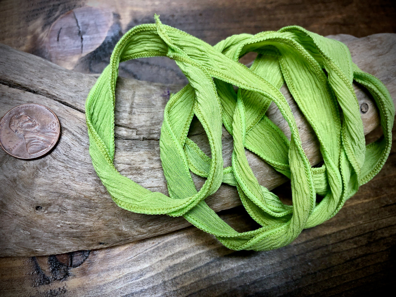 Side-Stitched Silk Ribbon - Lime Green
