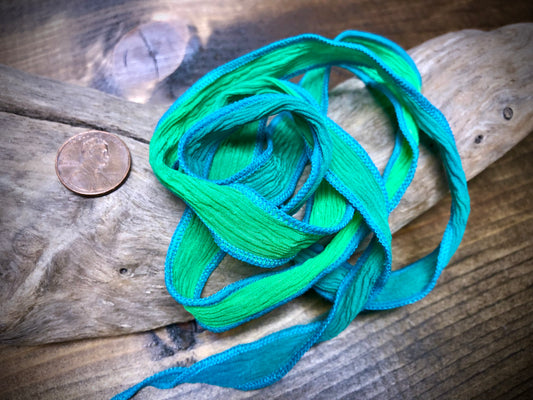 Side-Stitched Silk Ribbon - Blue-Lime Ombre