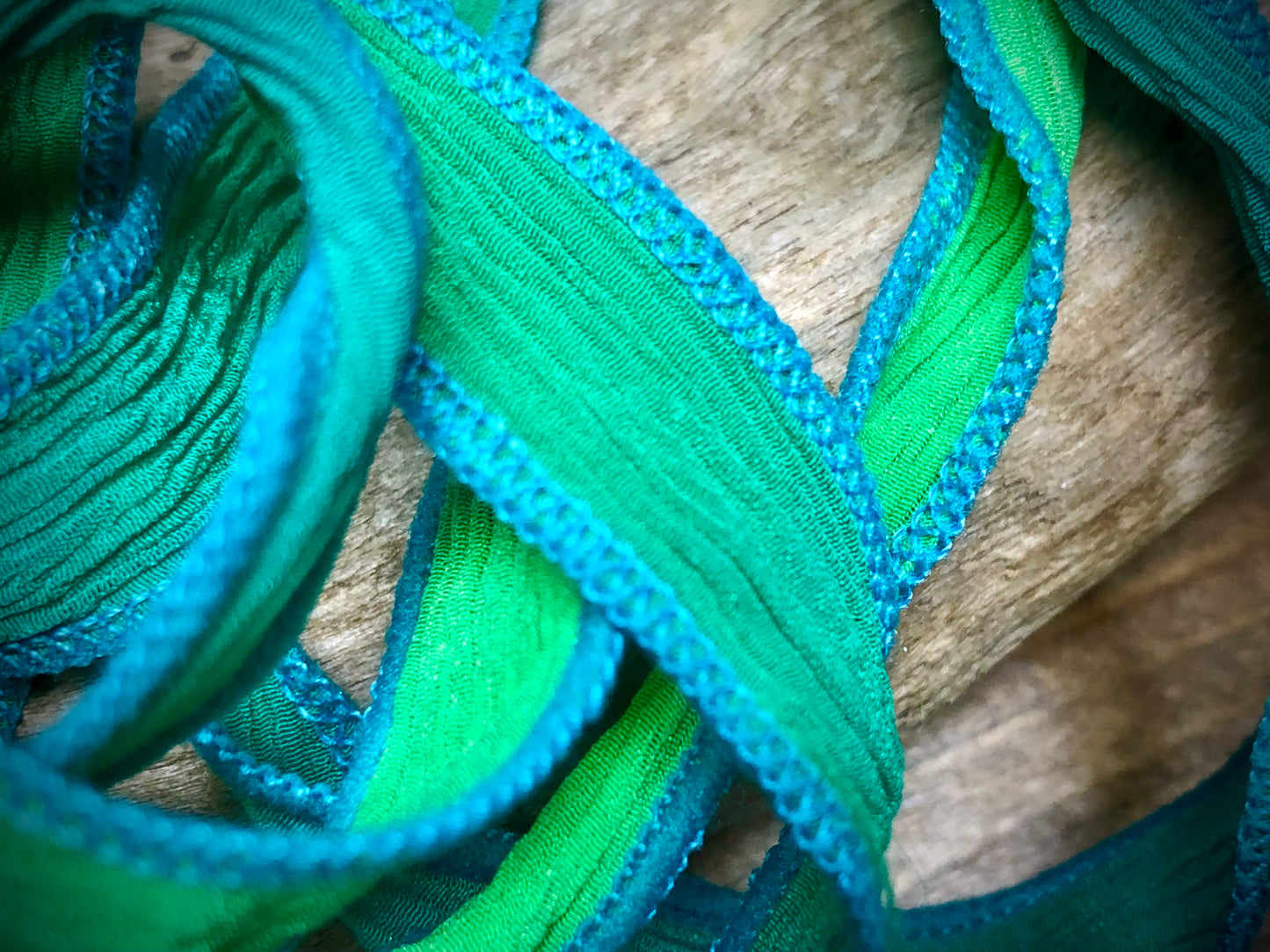 Side-Stitched Silk Ribbon - Blue-Lime Ombre