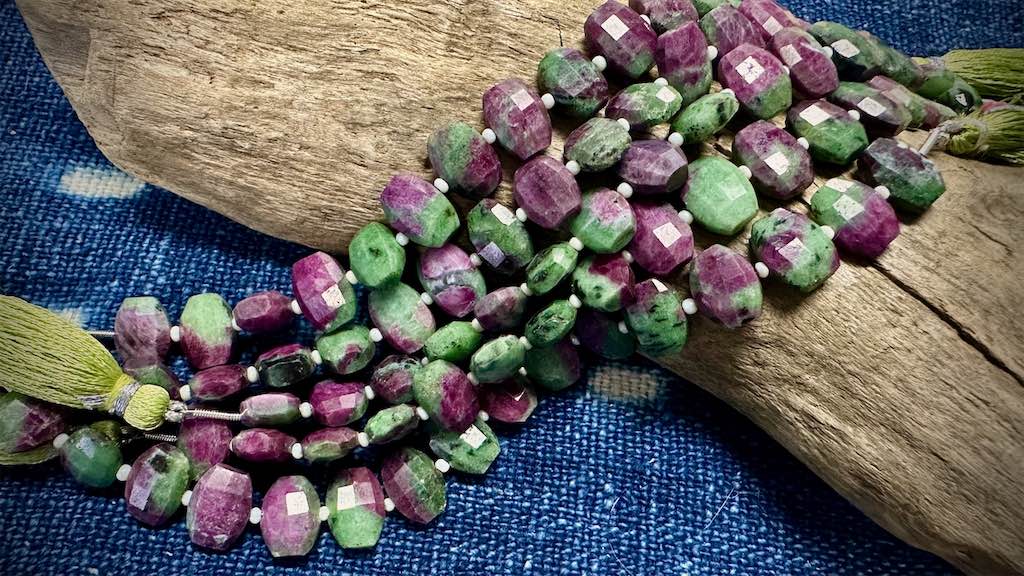 Ruby in Zoisite Bead Strand - Faceted Side-Drilled Lozenge - 12mm x 8mm - 6.5”