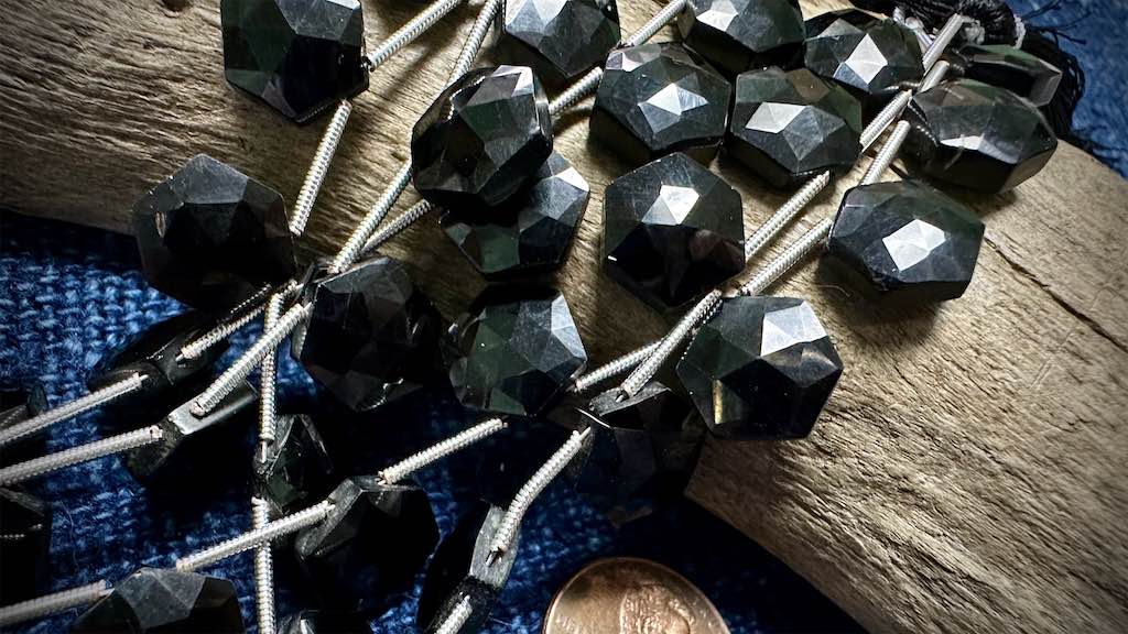 Black Tourmaline Bead Strand - Faceted Hexagons - 12mm x 10mm - 5.5”