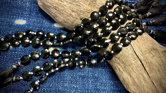 Black Tourmaline Bead Strand - Faceted Coins - 10mm - 7.5”