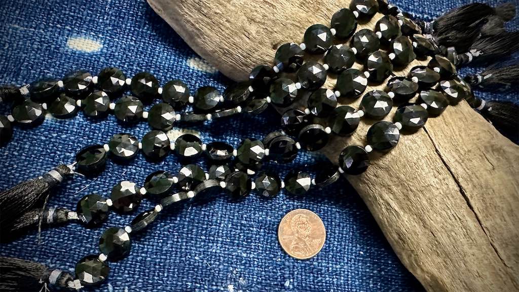 Black Tourmaline Bead Strand - Faceted Coins - 10mm - 7.5”