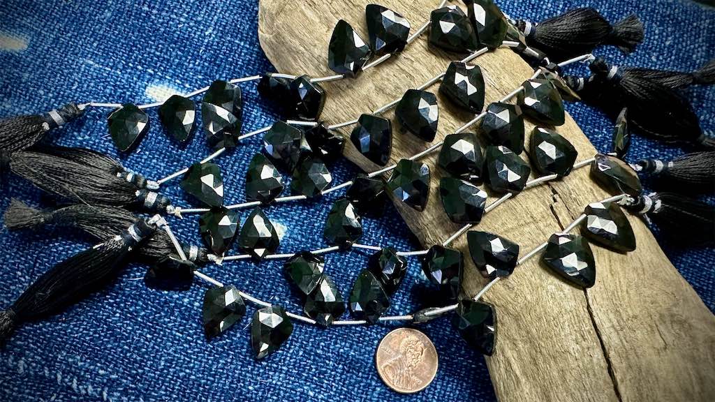 Black Tourmaline Bead Strand - Faceted Shields - 17mm x 12mm - 5.5”