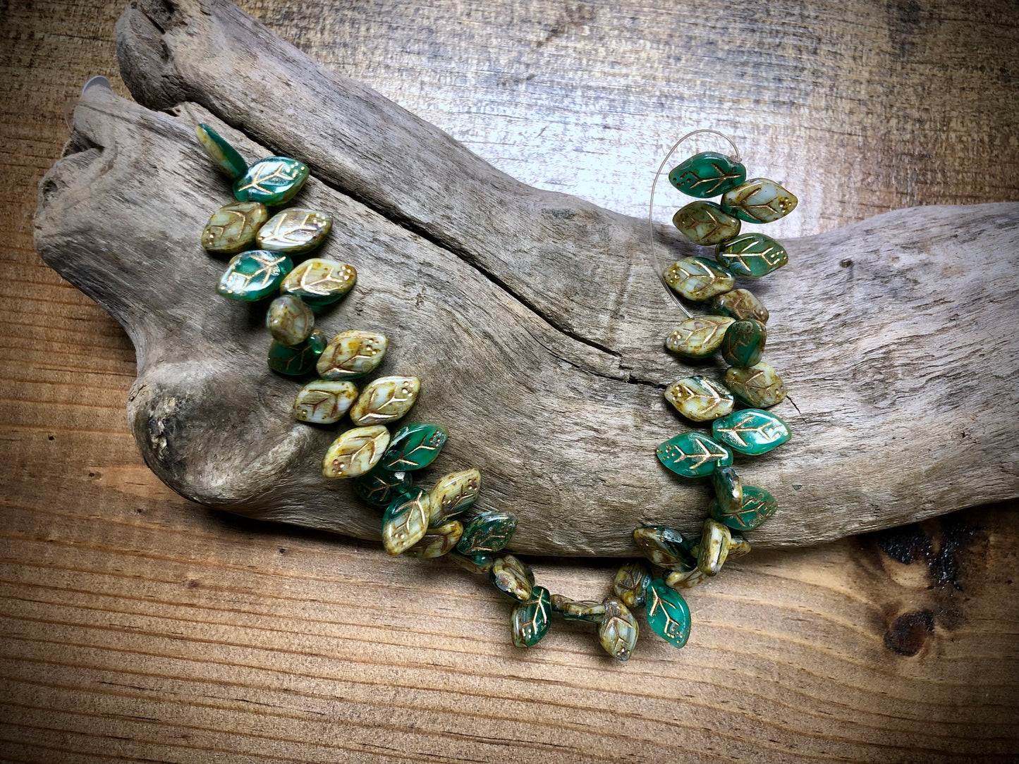 Czech Glass Leaves - Blue-Green & Yellow - Copper Wash - 12mm x 7mm - 7.5"