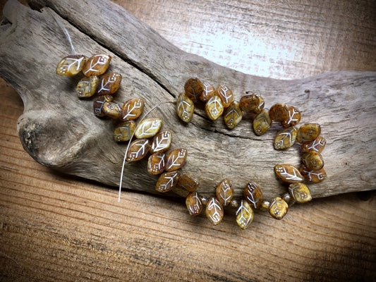 Czech Glass Leaves - Yellow & Brown - Silver Wash - 12mm x 7mm - 7.5"