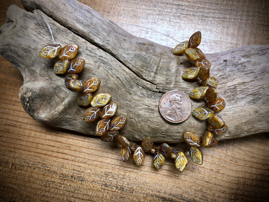 Czech Glass Leaves - Yellow & Brown - Silver Wash - 12mm x 7mm - 7.5"