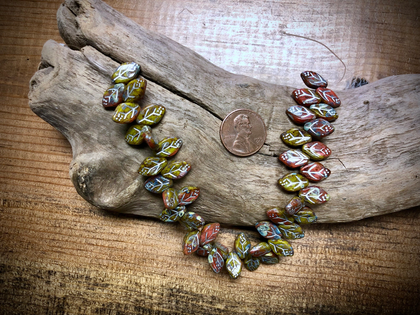 Czech Glass Leaves - Red & Lime Green - Silver Wash - 12mm x 7mm - 7.5"