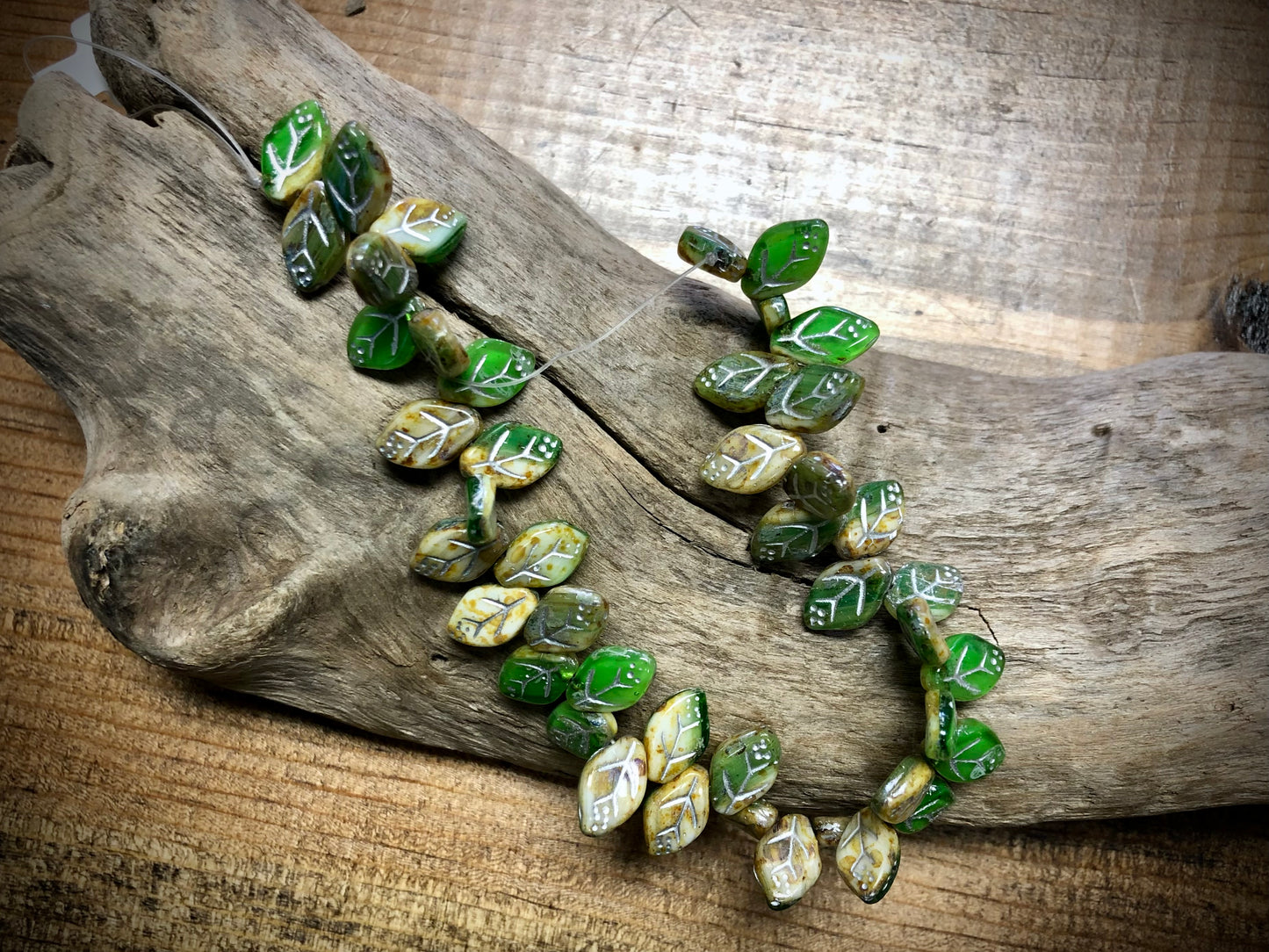 Czech Glass Leaves - Yellow & Lime Green - Silver Wash - 12mm x 7mm - 7.5"
