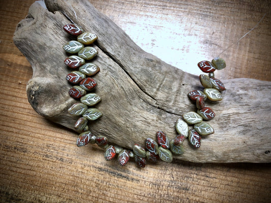 Czech Glass Leaves - Red & Sage Green - Silver Wash - 12mm x 7mm - 7.5"