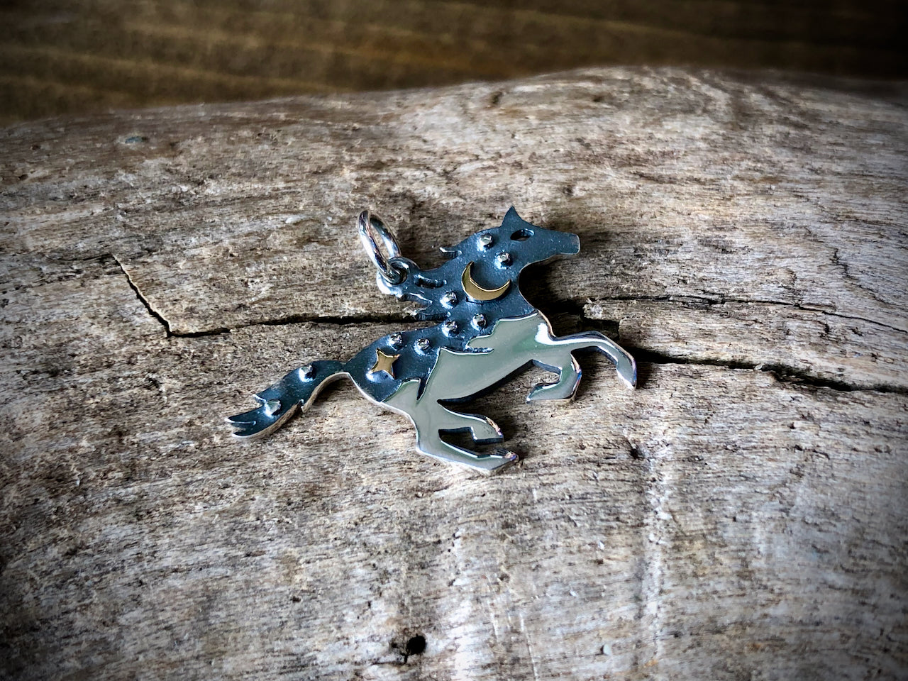 Silver Horse Charm with Bronze Moon