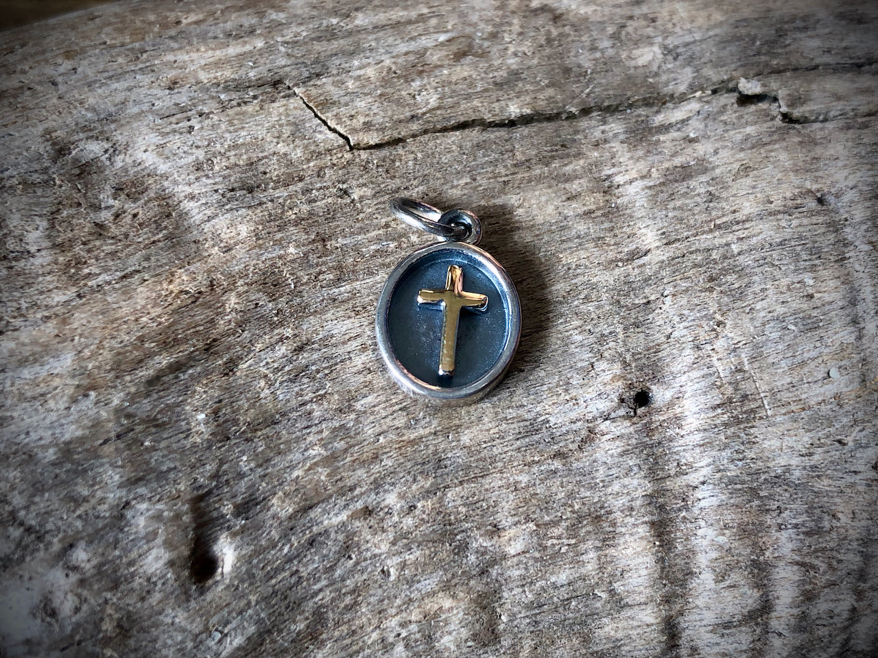 Sterling Shadow Box Charm with Bronze Cross