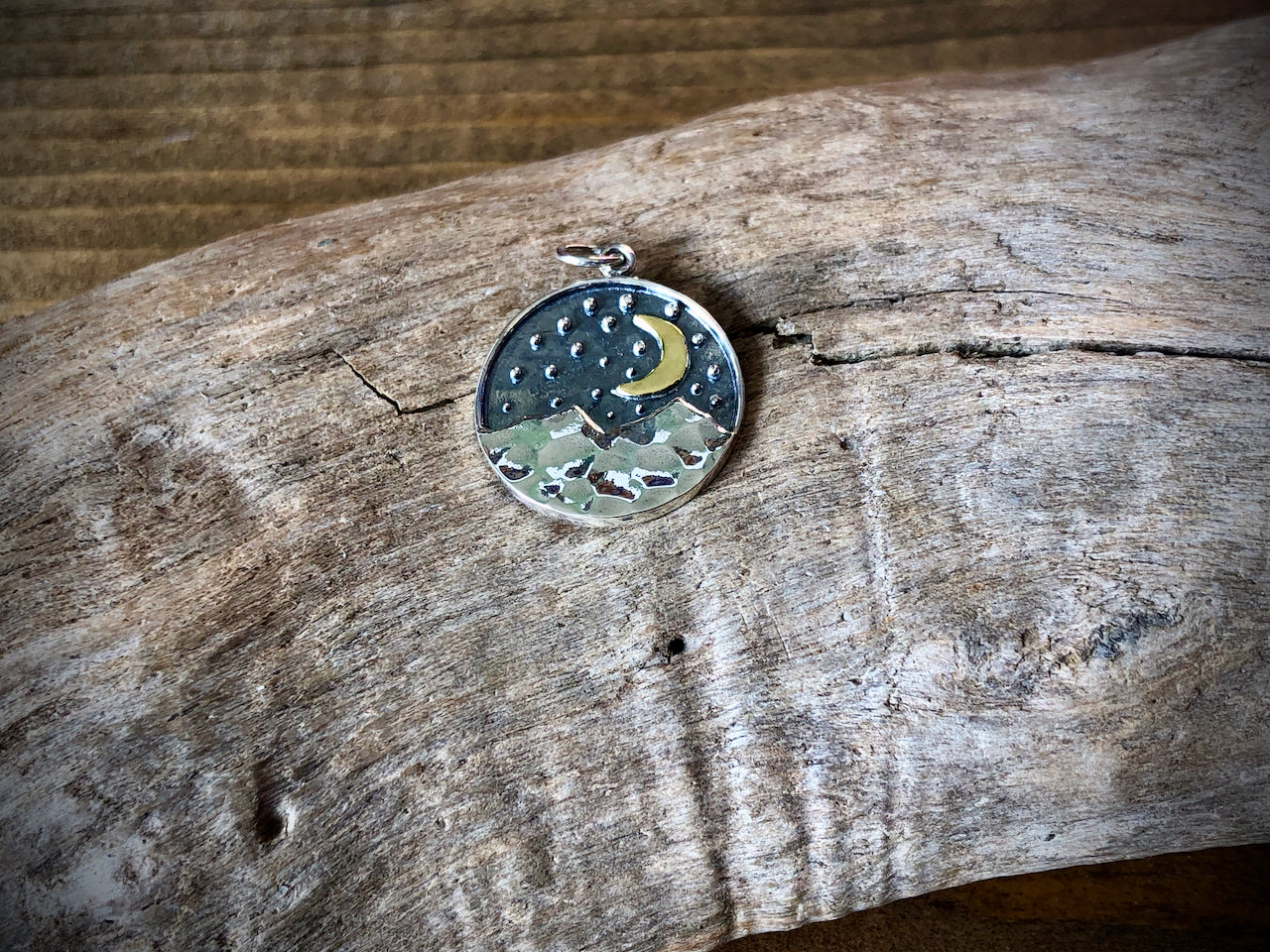 Sterling Mountain Range Pendant with Bronze Moon