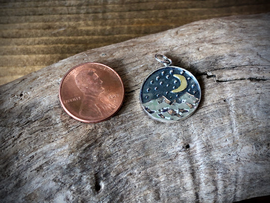Sterling Mountain Range Pendant with Bronze Moon