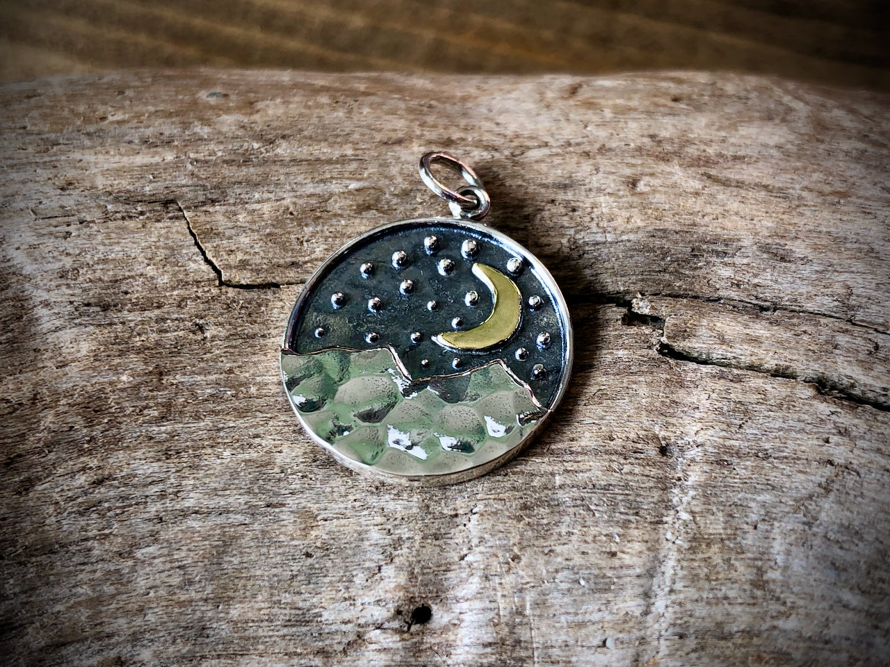 Sterling Mountain Range Pendant with Bronze Moon