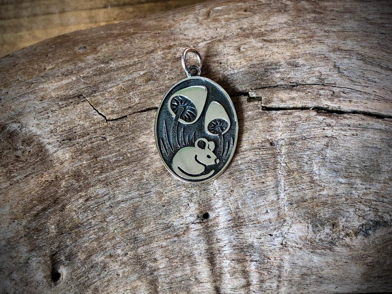 Sterling Mouse with Mushrooms Pendant