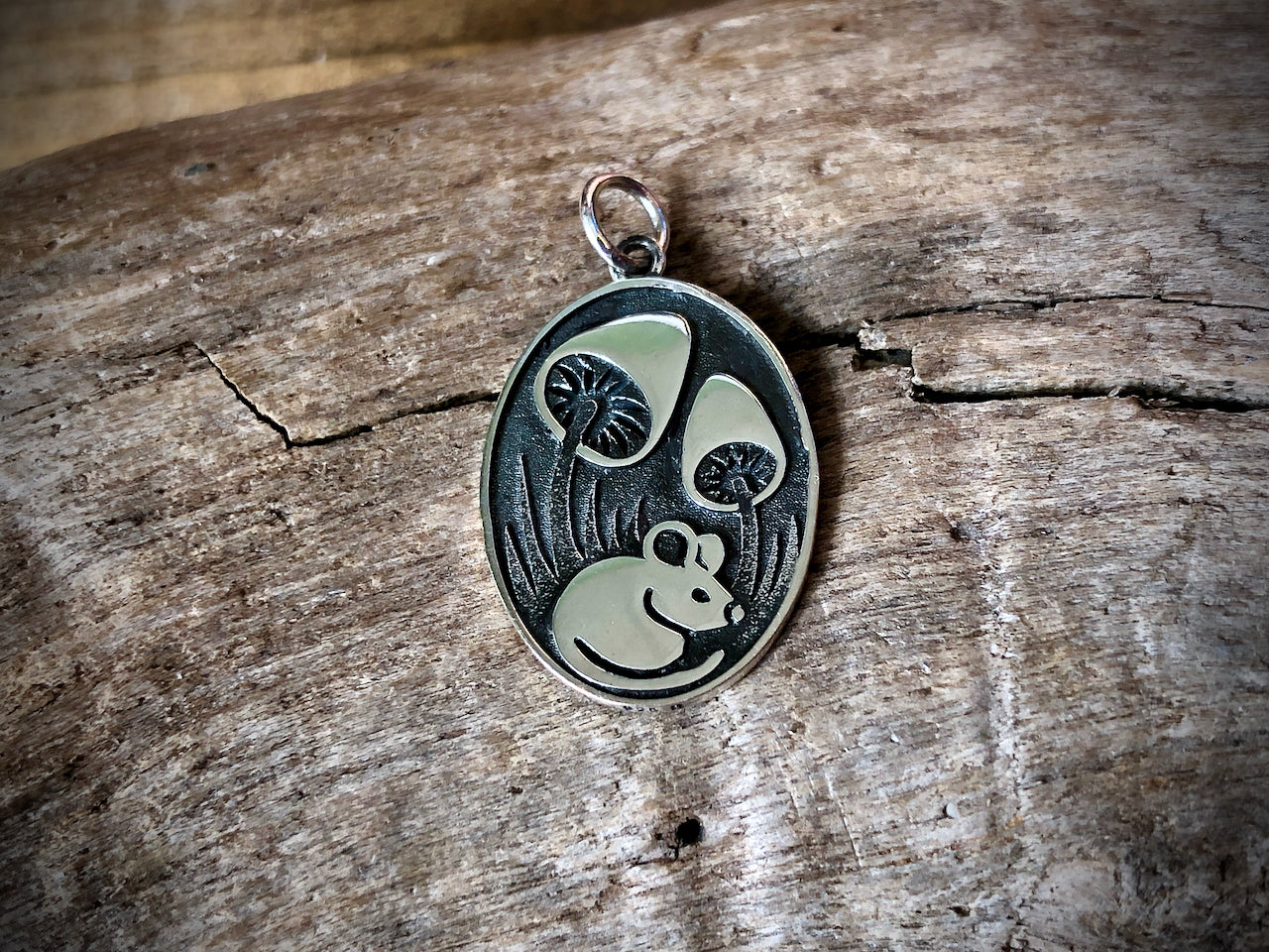 Sterling Mouse with Mushrooms Pendant
