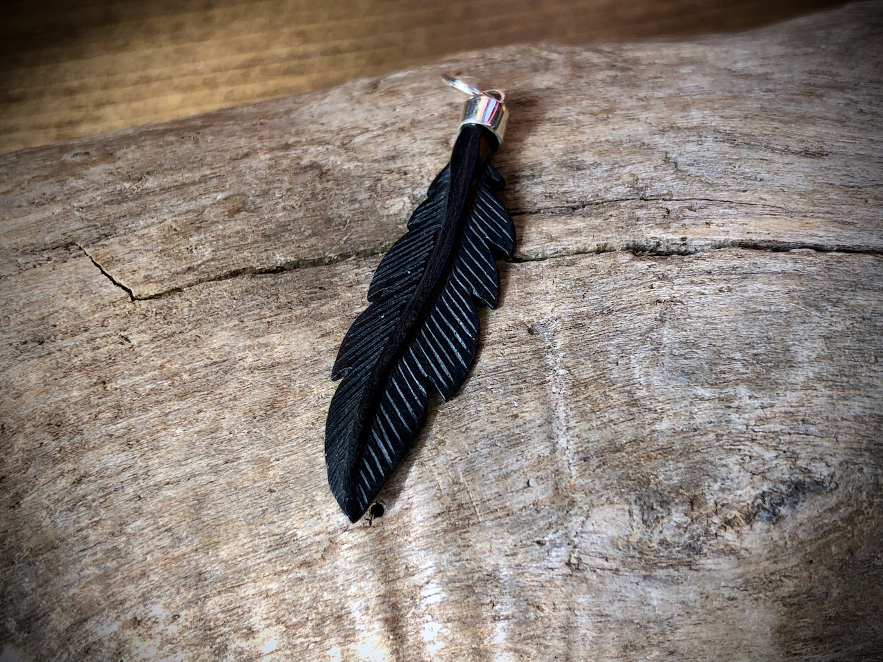 Hand Carved Black Wood Feather Pendant