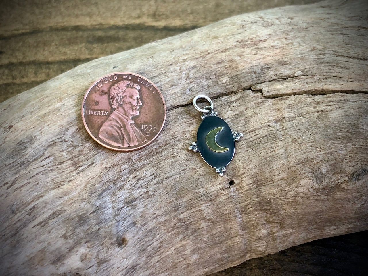 Sterling Oxidized Oval Charm with Bronze Moon