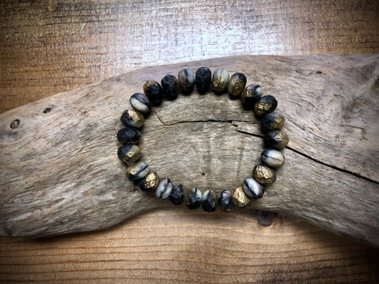 Czech Glass - Faceted Matte Black and Gold Rondelles - 6mm x 8mm